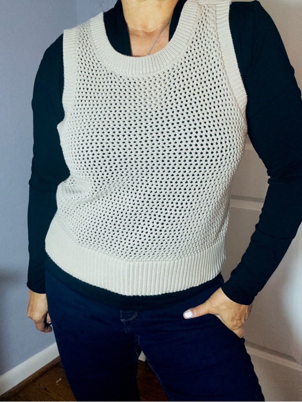 Michael Kors sleeveless open knit sweater with gold button details, Med